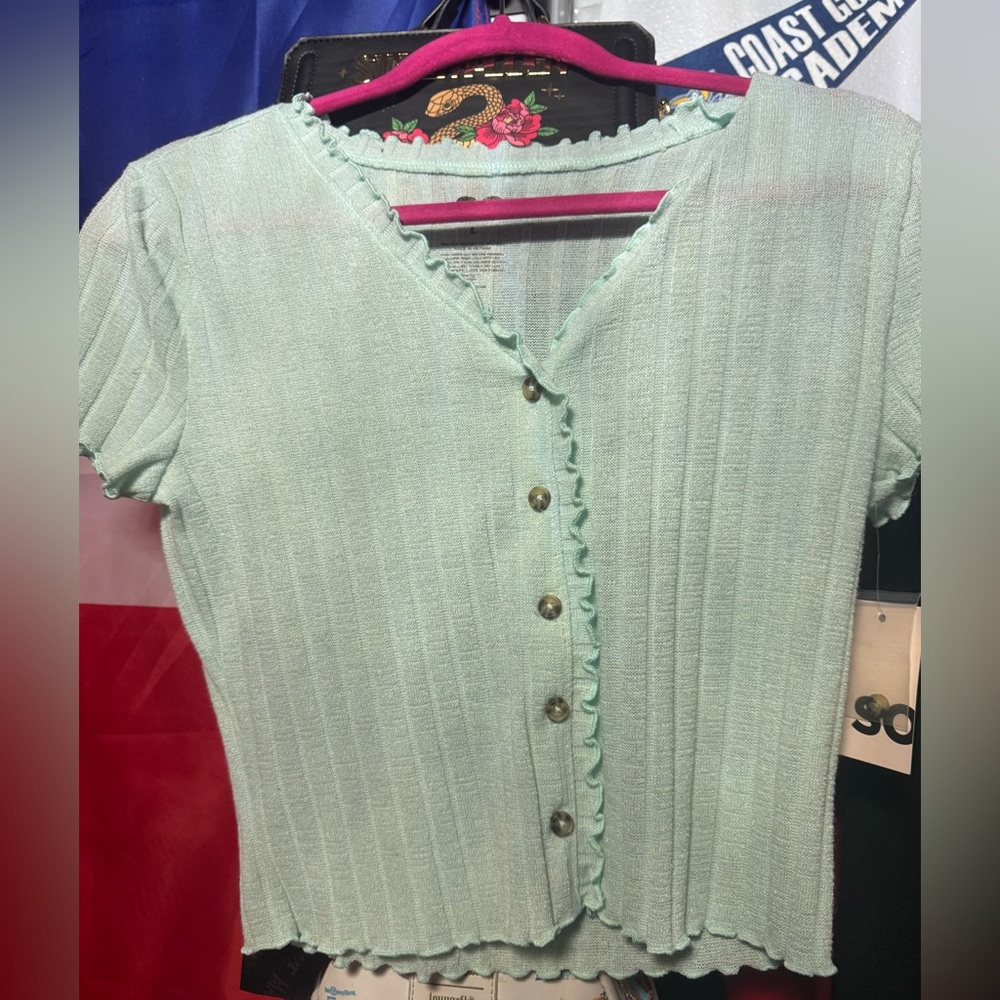 BRAND NEW SO juniors aqua tint short sleeve lettuce edge button down top